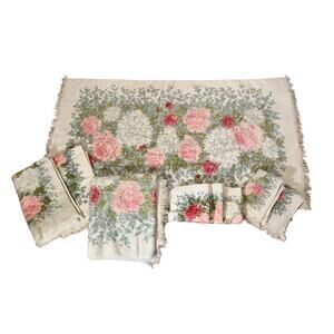 Vtg 9 Piece Fieldcrest Floral Roses Bath Towel Set Fringe Retro Cottage core USA
